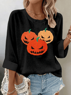 Women's Pumpkin Face Print 3/4 Sleeve T-Shirt