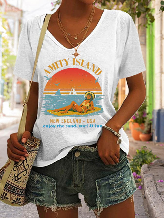 Women's Amity Island Enjoy The Sand Surf And Fun Print T-Shirt