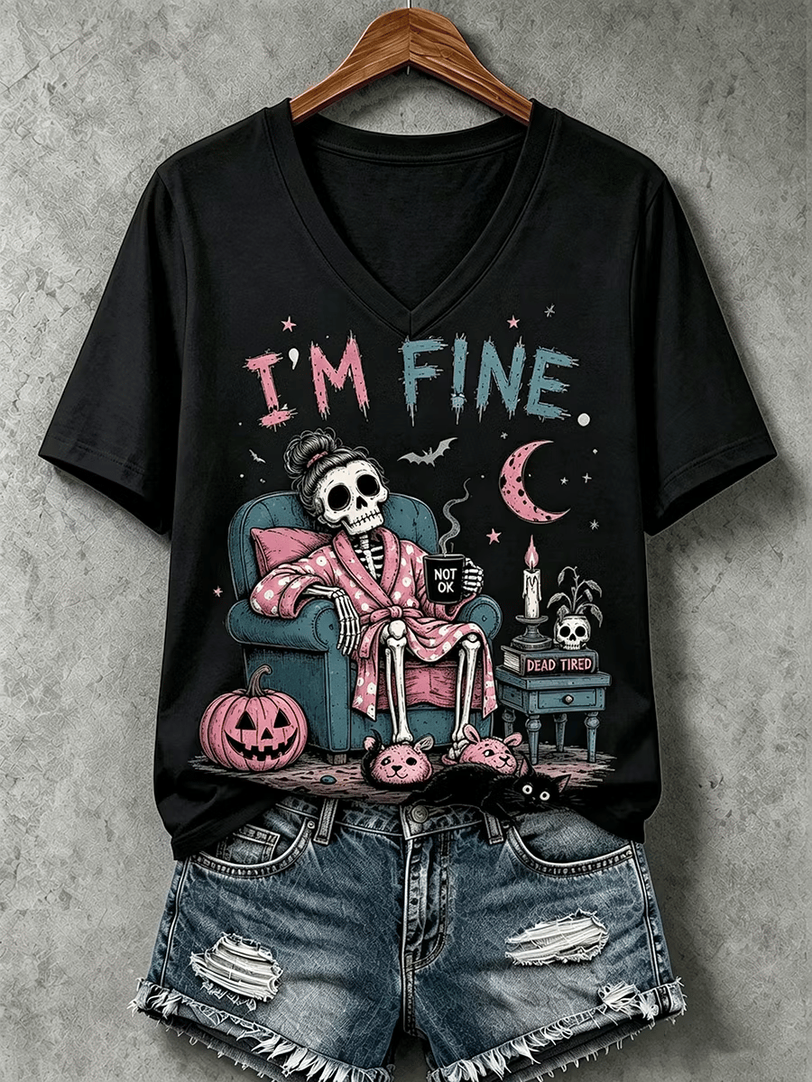 Women's Halloween I'm Fine Print V Neck T-Shirt
