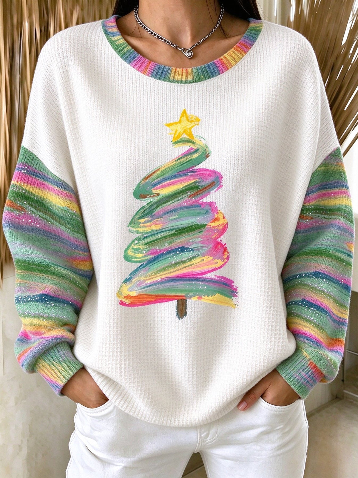 Women's Christmas Print Cozy Waffle Top
