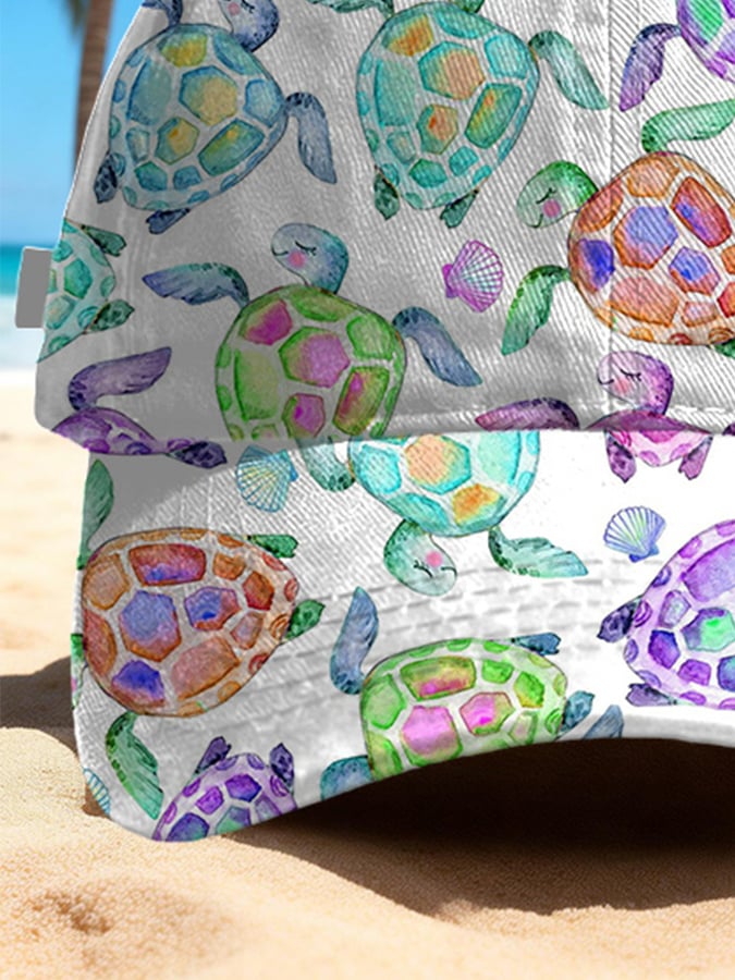 Retro Ocean Beach Colorful Sea Turtle Print Baseball Cap