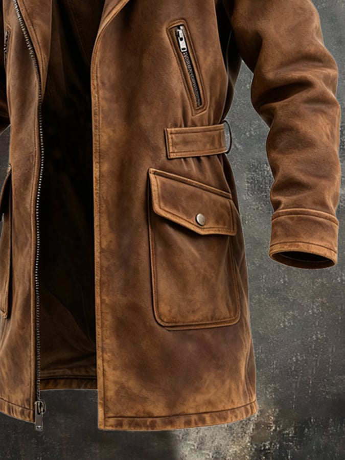 Men's Warm Large Fur Collar Jacket Windbreaker(There Is No Plush Lining Inside.)PU Leather & Polyester
