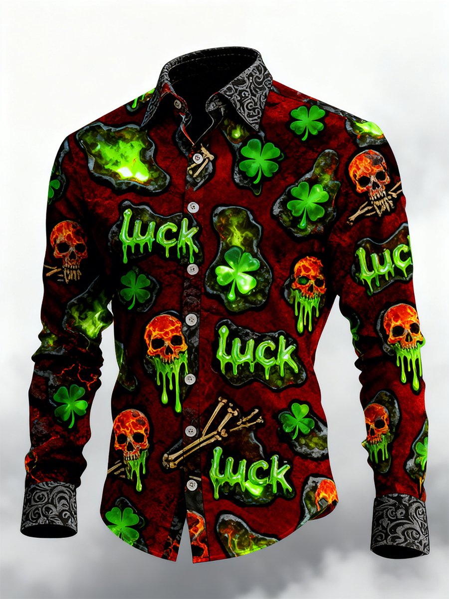 Men's Retro St. Patrick's Day Skull Long-Sleeved Shirt