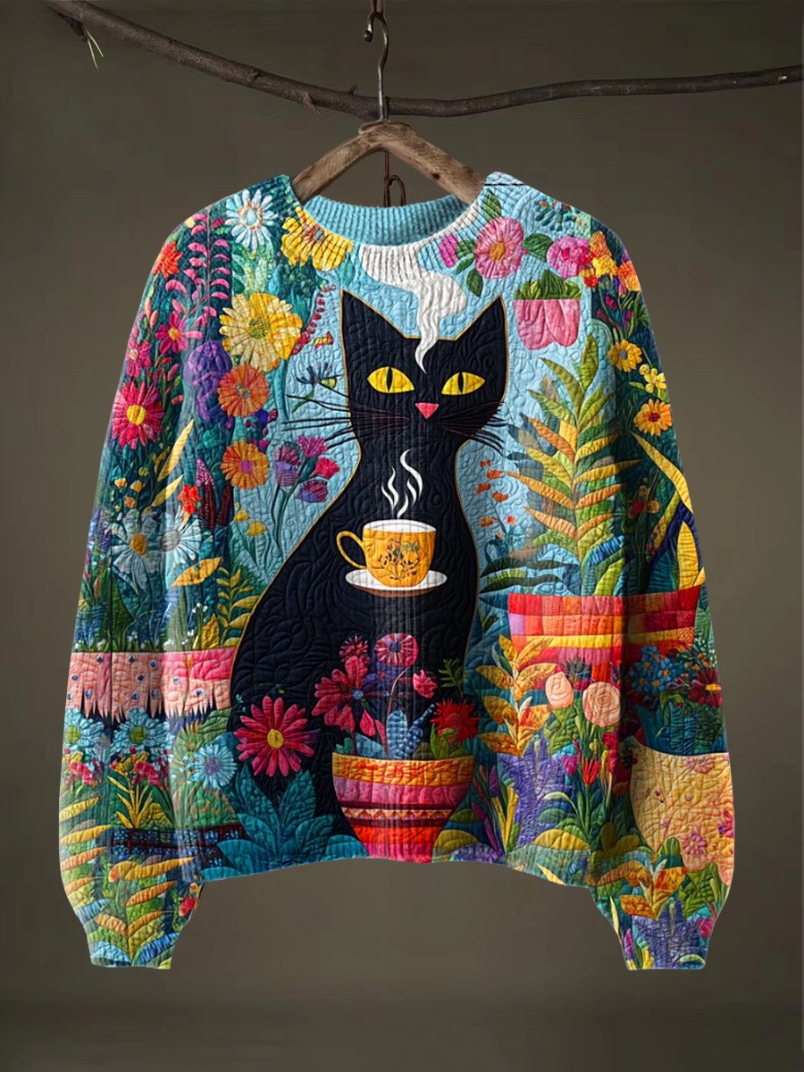 Black Cat Halloween Art Print Thin Sweater
