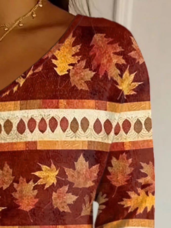 Women's Autumn Faith Maple Leaf Striped Fabric Casual V-neck Mid-sleeve T-shirt