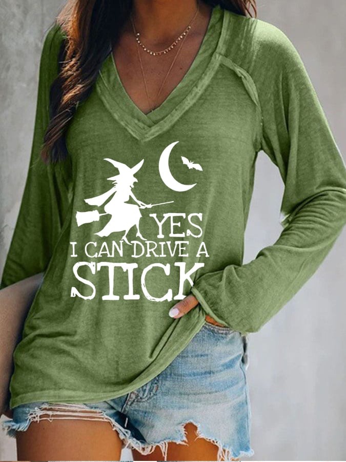 Women's Yes I Can Drive A Stick Print Long Sleeve Casual T-Shirt