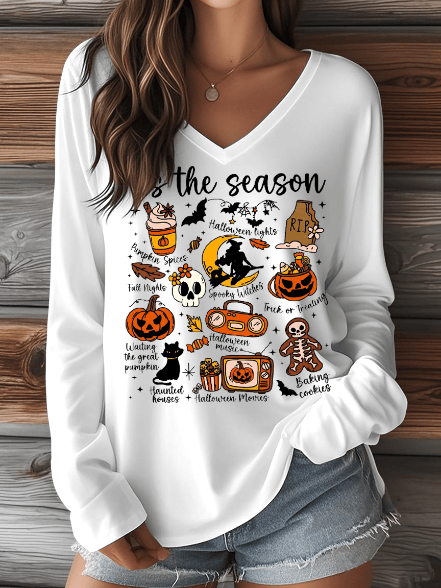 Women's Halloween Tis The Season Print V-Neck Long Sleeve T-Shirt