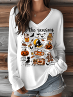 Women's Halloween Tis The Season Print V-Neck Long Sleeve T-Shirt