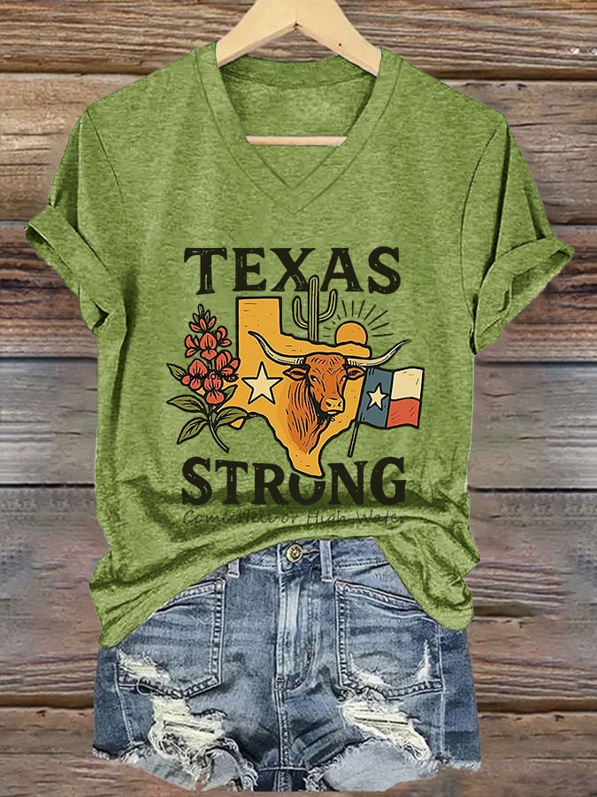 V-Neck Retro Texas Strong Come Hell Or High Water Print T-Shirt