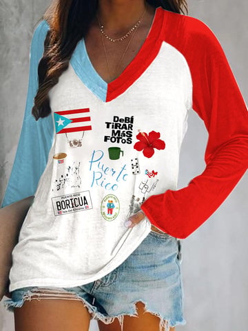 Vintage Puerto Rican Print V-Neck Long Sleeve Top