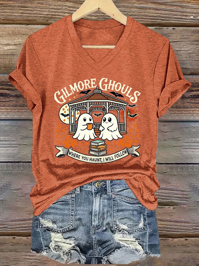 V-Neck Retro Gilmore Ghouls Where You Haunt, I Will Follow Print T-Shirt