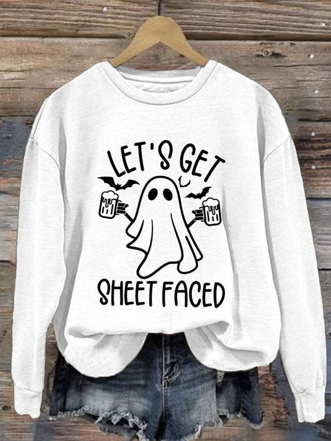 Women'S Halloween Let's Get Sheet Faced Printed Sweatshirt