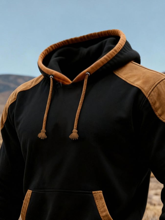 Men's Retro Stitching Contrast Color Hooded Sweatshirt