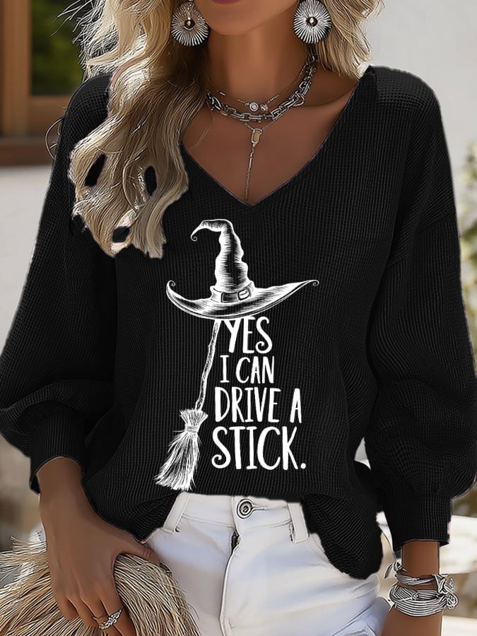 Women's Halloween YES I CAN DRIVE A STICK Print Casual Puff Sleeve Top