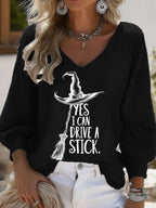 Women's Halloween YES I CAN DRIVE A STICK Print Casual Puff Sleeve Top