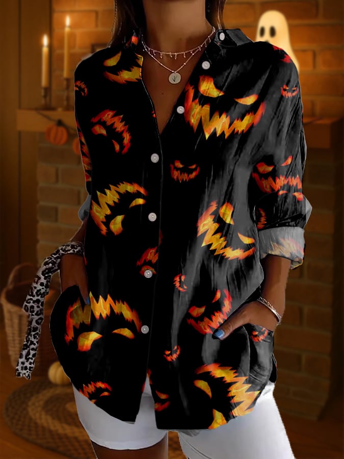 Women's Cool Halloween Pumpkin Pattern Print Short Sleeve Shirt