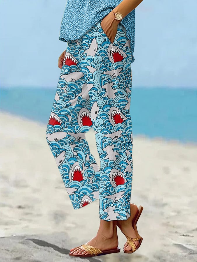 Women's Casual Great White Shark Print Cotton And Linen Pants(With Pockets)