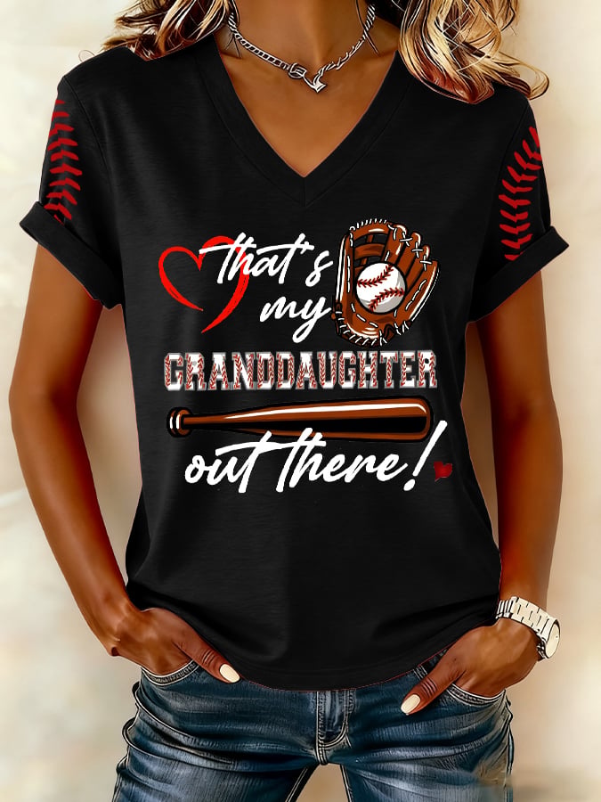 Women's That’s My Granddaughter Out There Baseball Print V Neck T-shirt