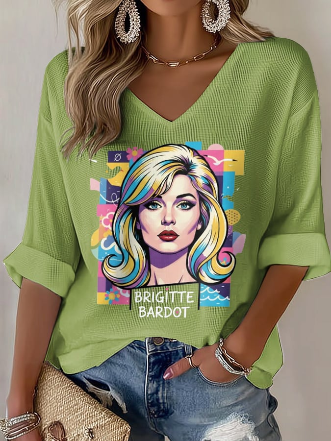 V-Neck Retro B.B. Watercolor Painting Print T-Shirt