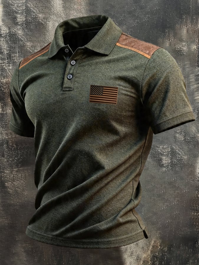 Men's Retro Patriotic Color-Block Short-Sleeve Polo Shirt