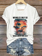 V-Neck Retro Flamingos And Palm Trees Wrinkles Only Go Where Smiles Have Been Print T-Shirt