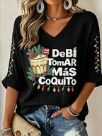 Women's Casual Puerto Rico Christmas Printed Waffle Top