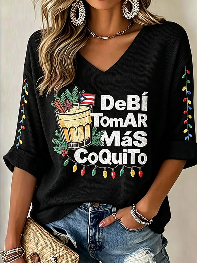 Women's Casual Puerto Rico Christmas Printed Waffle Top