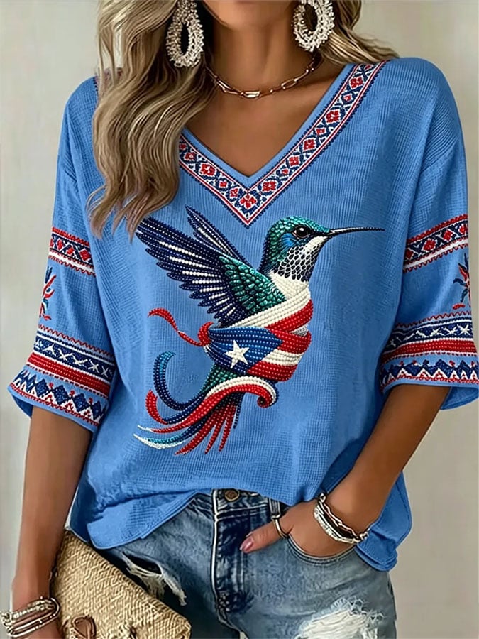 Women's Casual Printed Waffle Top