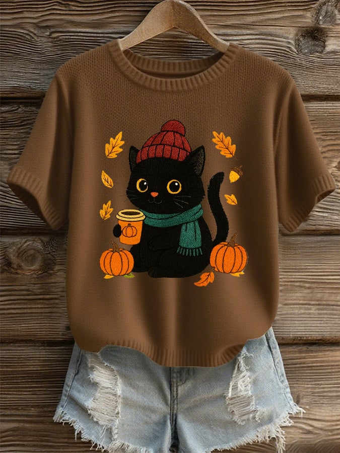 Women's Autumn Cute Scarf Little Black Cat Print Casual Round Neck Knit Top