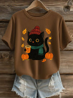 Women's Autumn Cute Scarf Little Black Cat Print Casual Round Neck Knit Top