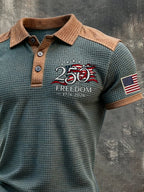 Men's Retro Waffle-Knit Patriotic Color-Block Short-Sleeve Polo Shirt
