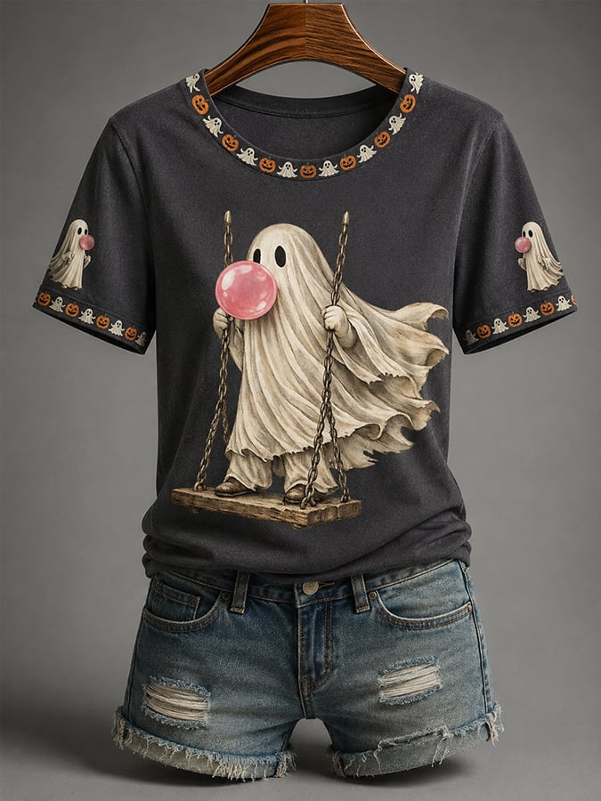 Women's Halloween Cute Ghost Print Casual T-shirt