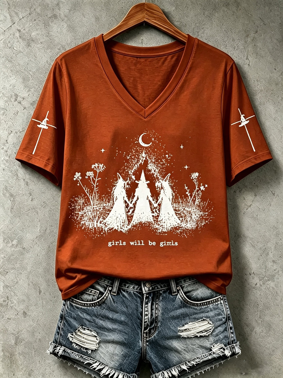 Women's Halloween Girls Will Be Girls Witch Print V Neck T-Shirt