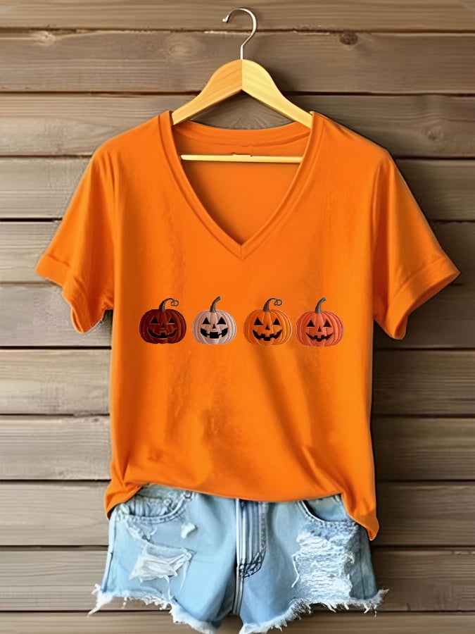 Women's Pumpkin Face Casual T-Shirt