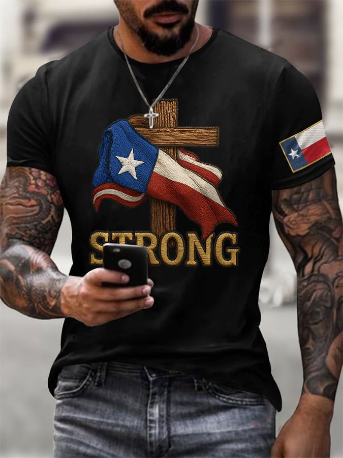 Men's Retro Texas Strong Faith Cross Print T-Shirt
