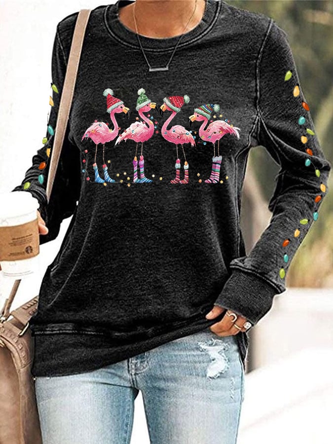 Women's Christmas Flamingo Print Crewneck Sweatshirt