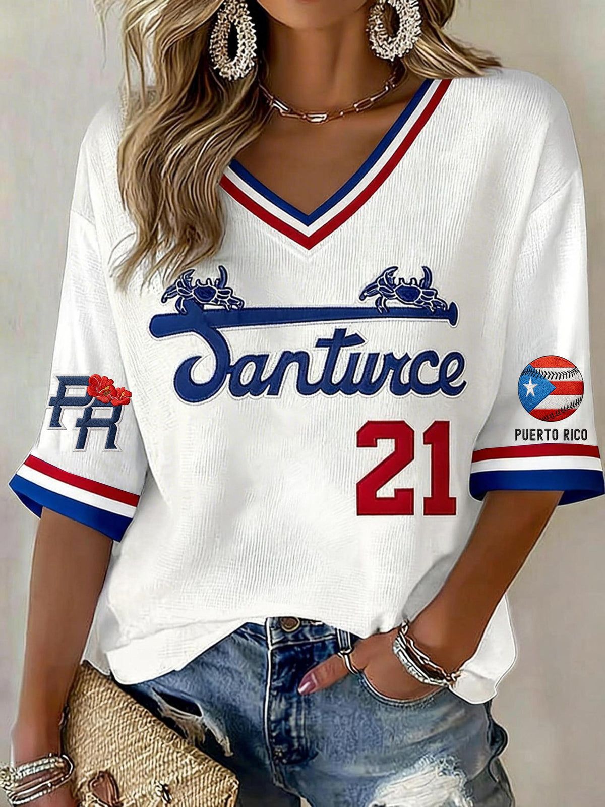Women's Puerto Rican Baseball Print V-Neck Top