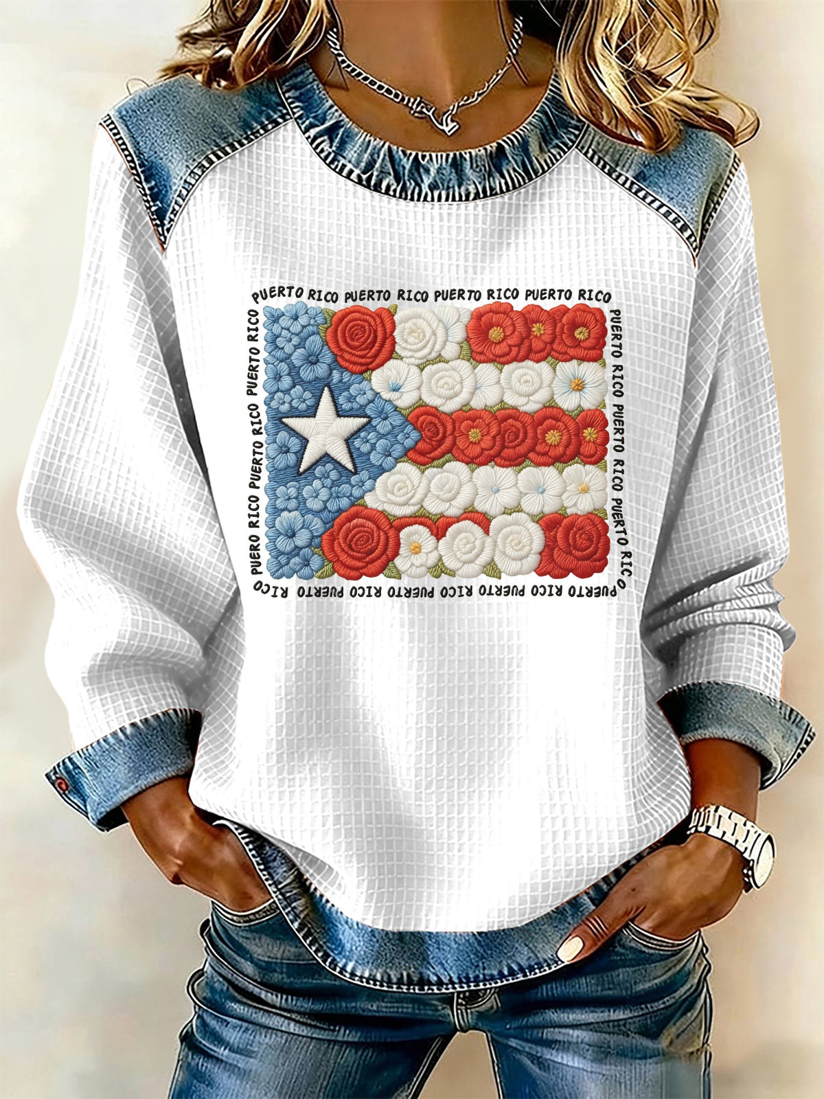 Puerto Rico Printed Patchwork Casual Sweatshirt
