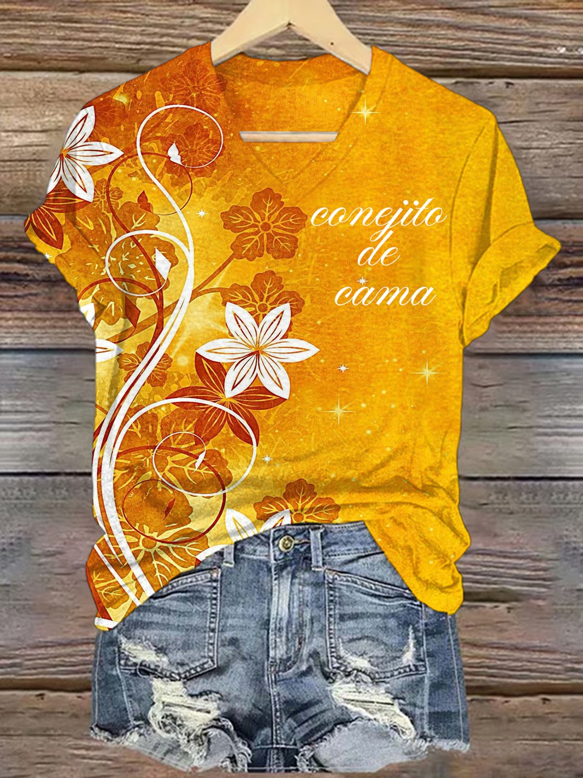 Women's Bed Bunny Logo Yellow Florida Hibiscus Print T-Shirt