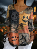 Women's Halloween Retro Pumpkin Emoticon Print Top