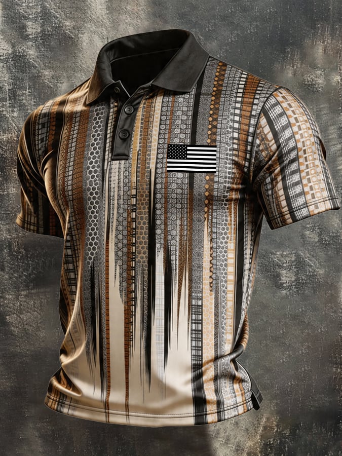Men's Retro Patriotic Color-Block Short-Sleeve Polo Shirt