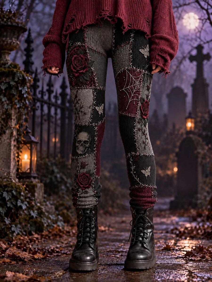 Women's Halloween Gothic Style Patchwork Print Velvet Leggings