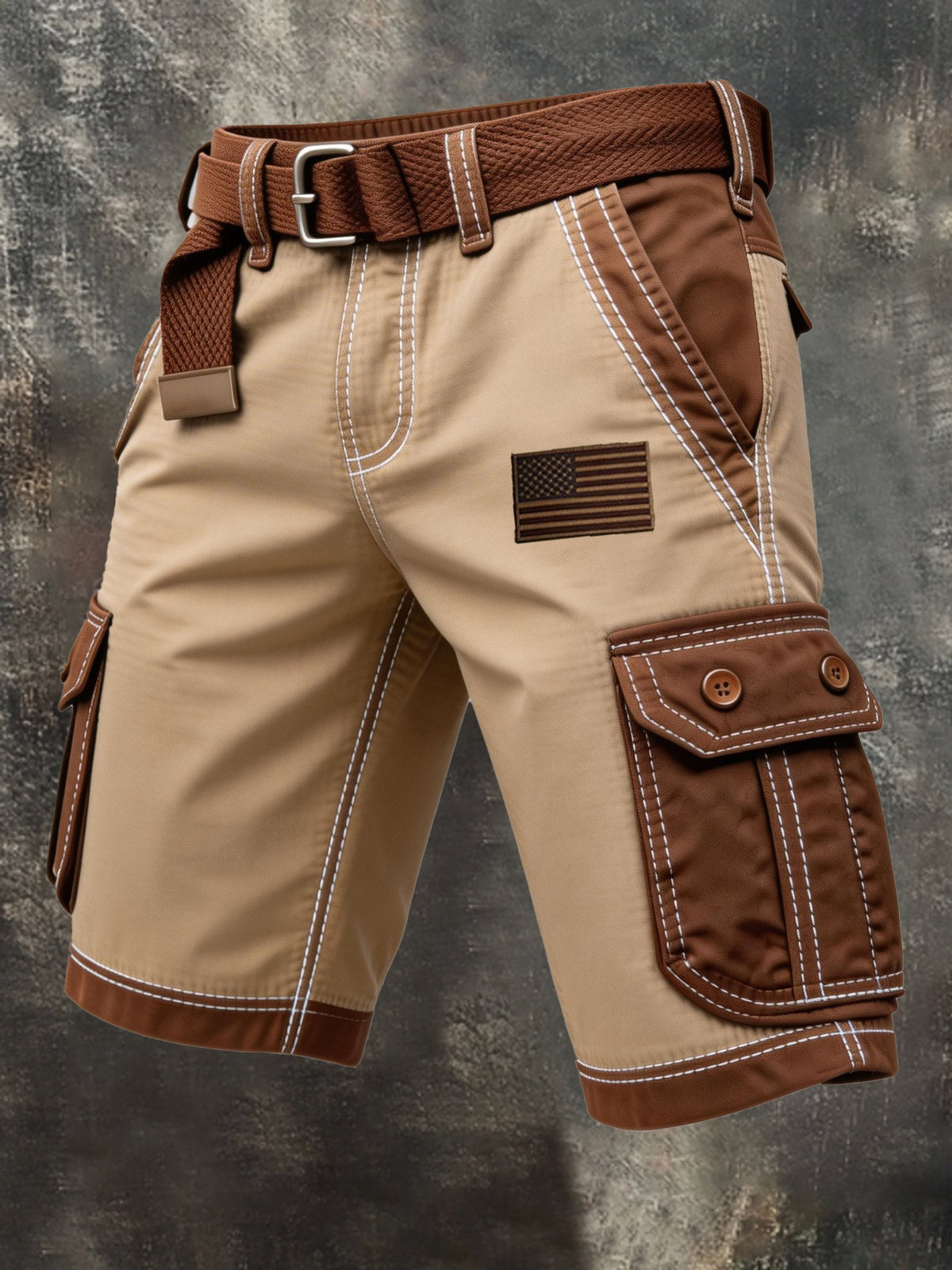 Men's Retro Color-Block Distressed Patriotic Cargo Shorts with Pockets (Belt Not Included)