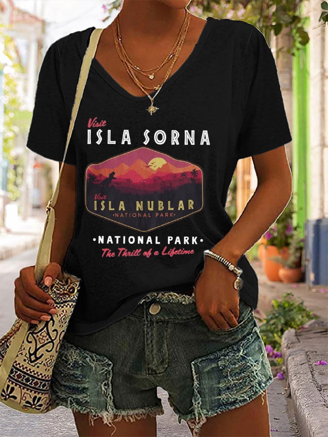 Women's Dinosaur Print V-Neck T-Shirt