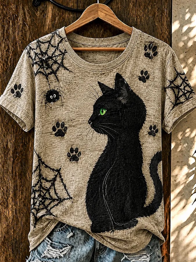 Women's Halloween Cat Print   T-shirt