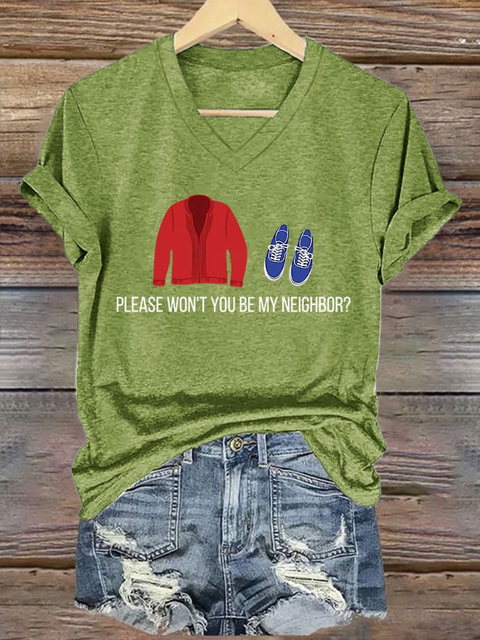 V-Neck Retro Please Won't You Be My Neighbor ? Print T-Shirt