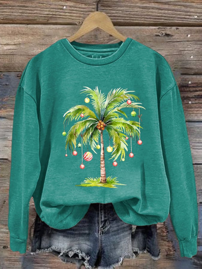 Women'S Casual Christmas Palm Tree Printed Long Sleeve Sweatshirt