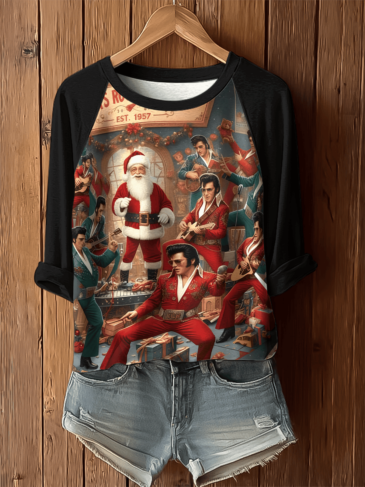 Merry Christmas King of Rock and Roll Printed Raglan Top