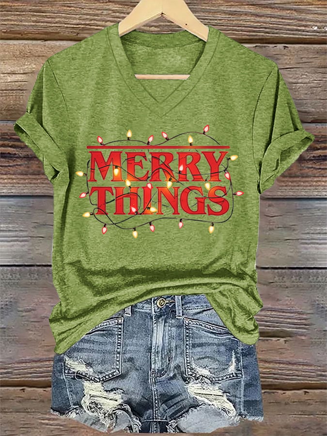 V-Neck Retro Merry Christmas Merry Things Print T-Shirt