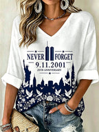Women's "Never Forget 9/11" Pattern Comfortable V-Neck Retro T-Shirt